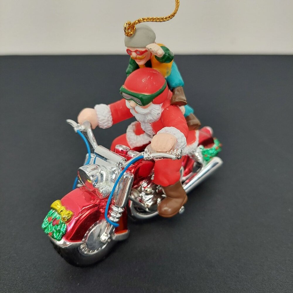 Santa & Elf Riding Motorcycle Christmas‎ Ornament Chopper Hog Santa's Best 1995
